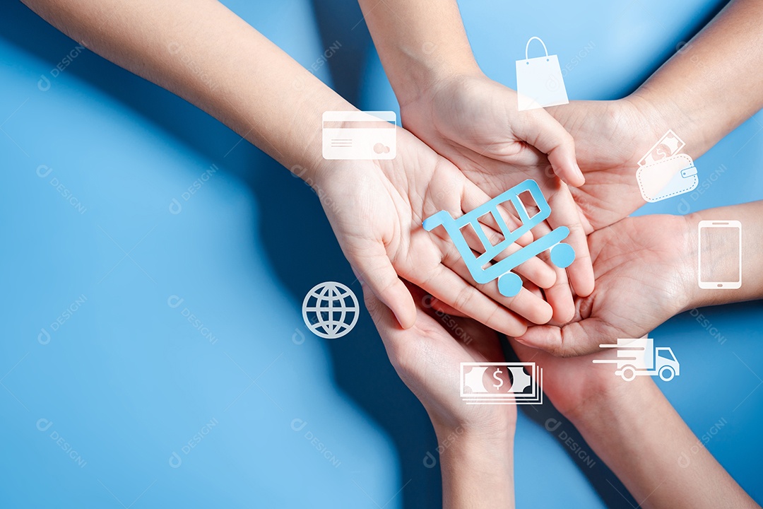 Mão segurando ícones de carrinho de compras, conceito de e-commerce de entrega de negócios de compras on-line de tecnologia.