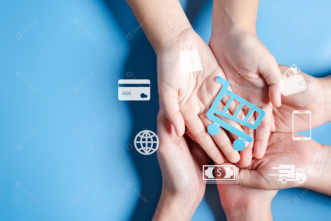 Mão segurando ícones de carrinho de compras, conceito de e-commerce de entrega de negócios de compras on-line de tecnologia.