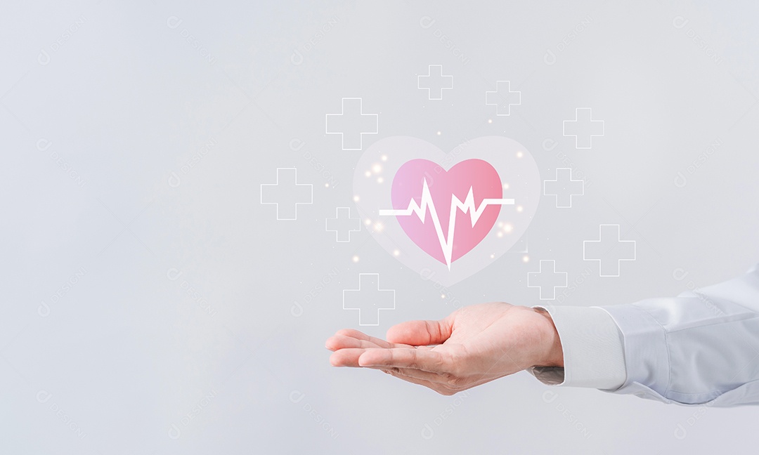 Médico de jaleco branco segurando ícone de batimento cardíaco para conceito de símbolo