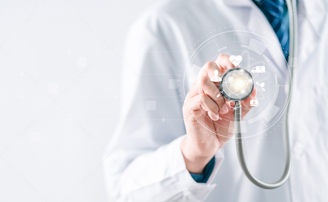 Doutor em uma mão uniforme de jaleco branco segurando mais e ícone médico de saúde