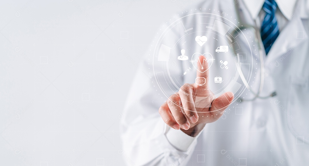 Doutor em uma mão uniforme de jaleco branco segurando mais e ícone médico de saúde