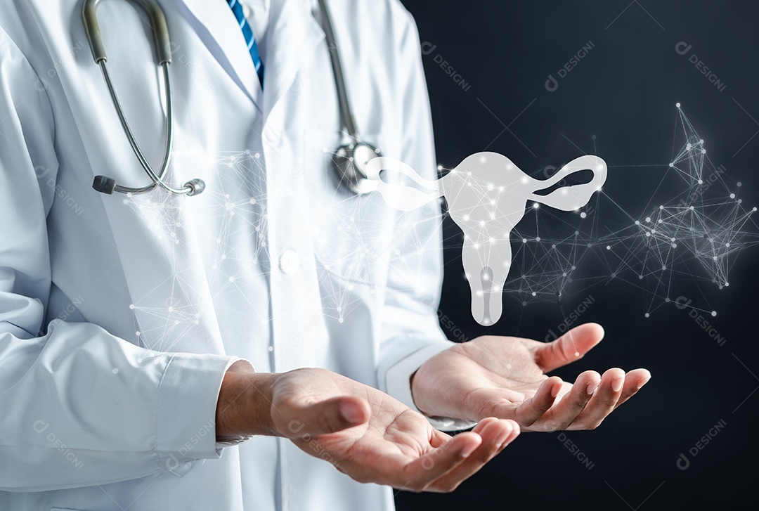 Médico em um jaleco branco segurando o sistema reprodutivo do útero virtual, saúde da mulher