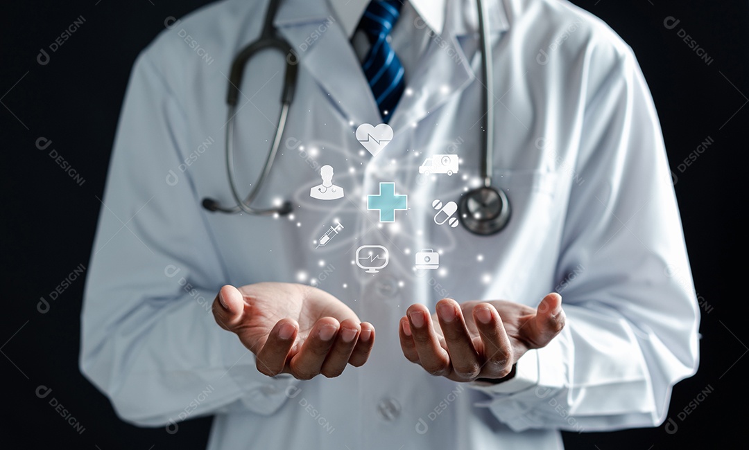 Conceito de seguro de saúde. Doutor de jaleco branco segurando ícones de saúde