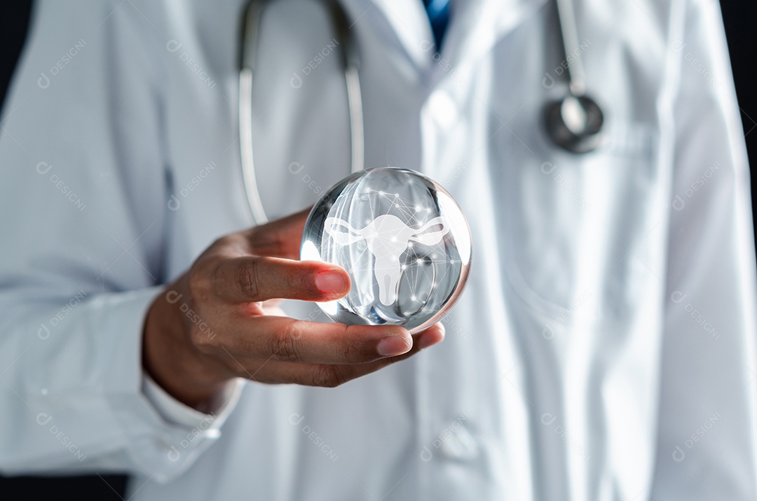 Médico em um jaleco branco segurando o sistema reprodutivo do útero virtual, saúde da mulher