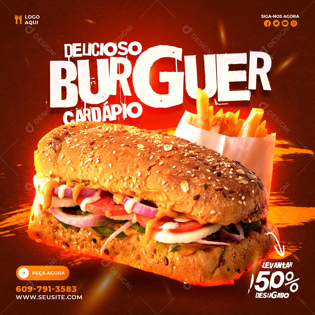 Social Media Feed Super Delicioso Burguer Cardápio PSD Editavel