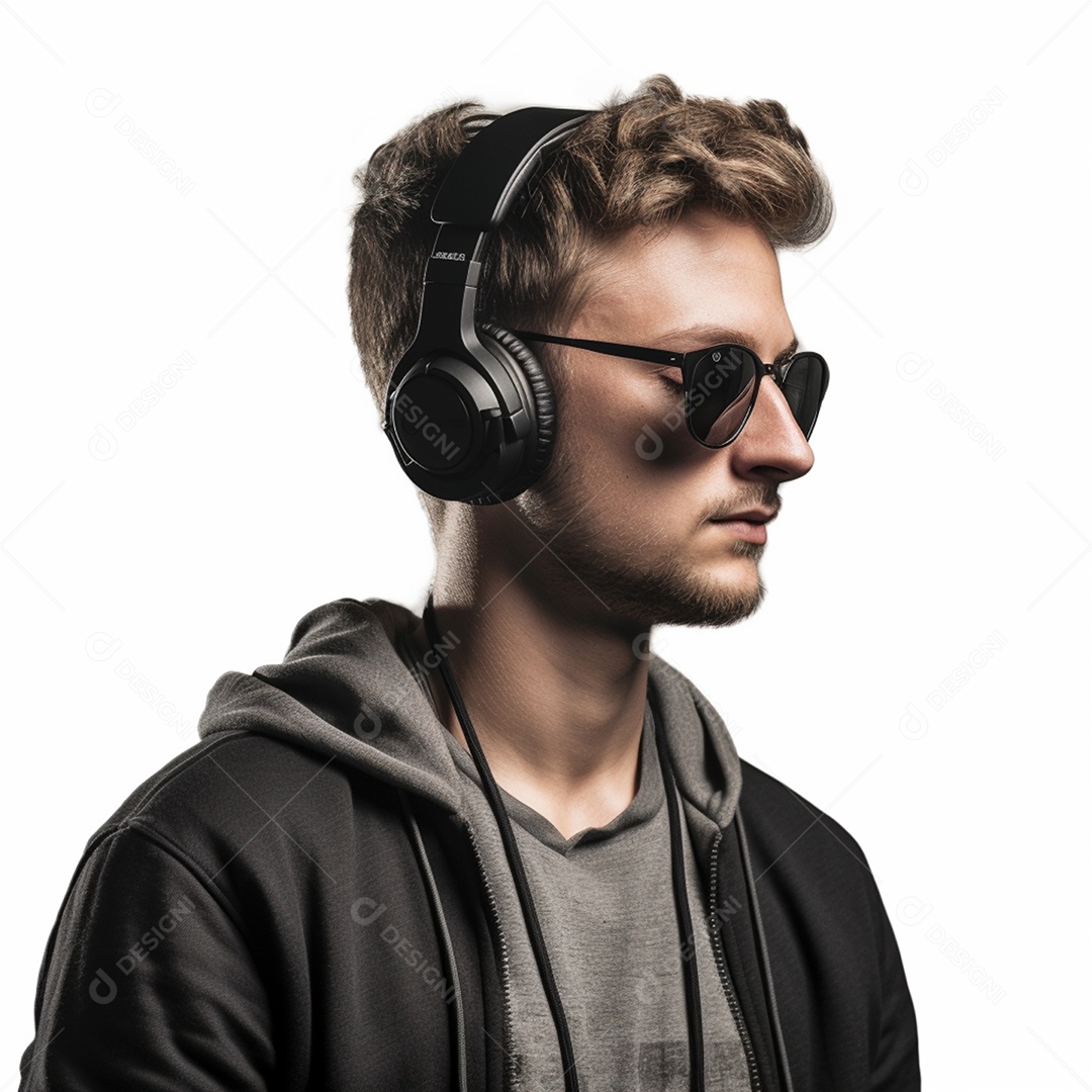 Jovem usando fone de ouvido em fundo branco