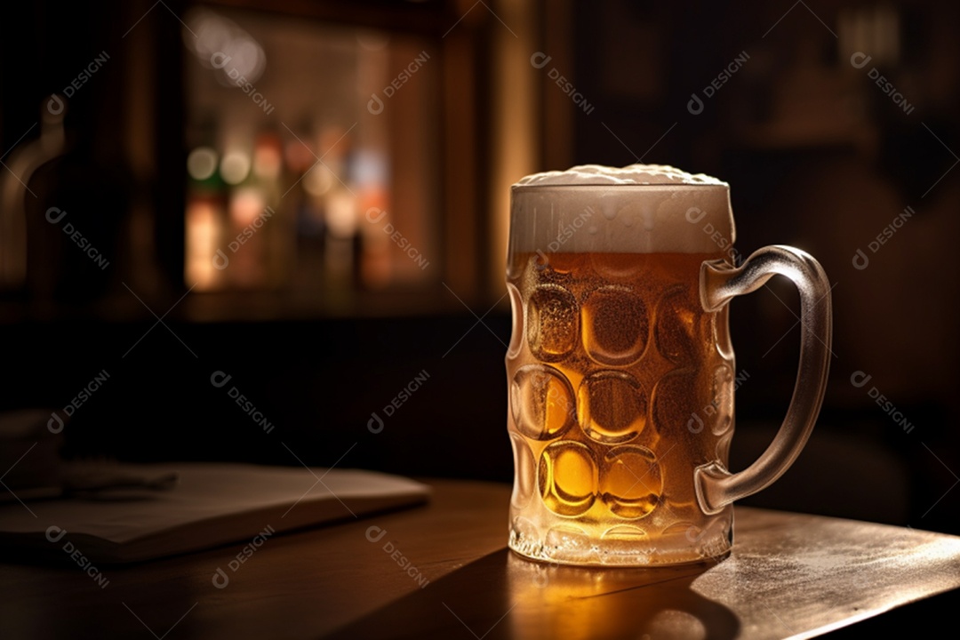 Copo de bebida cerveja sobre a mesa do bar