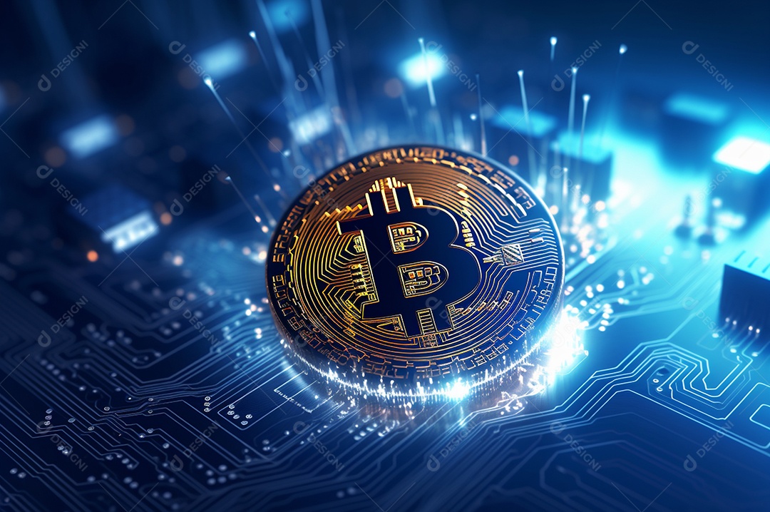 Criptografia digital de moeda criptográfica de blockchain de ícone Bitcoin, conceito de plano de fundo de conexões de rede global de tecnologia.