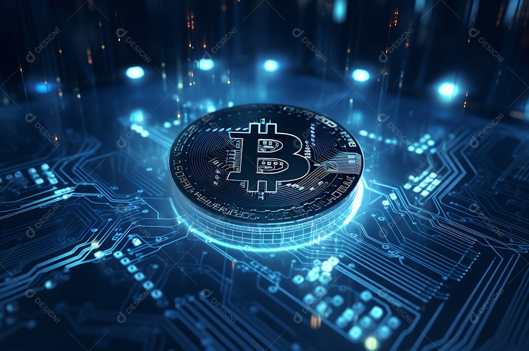 Criptografia digital de moeda criptográfica de blockchain de ícone Bitcoin, conceito de plano de fundo de conexões de rede global de tecnologia.