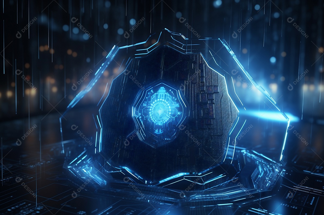 Conceito de segurança cibernética digital, escudo no fundo da placa de circuito com luzes azuis.