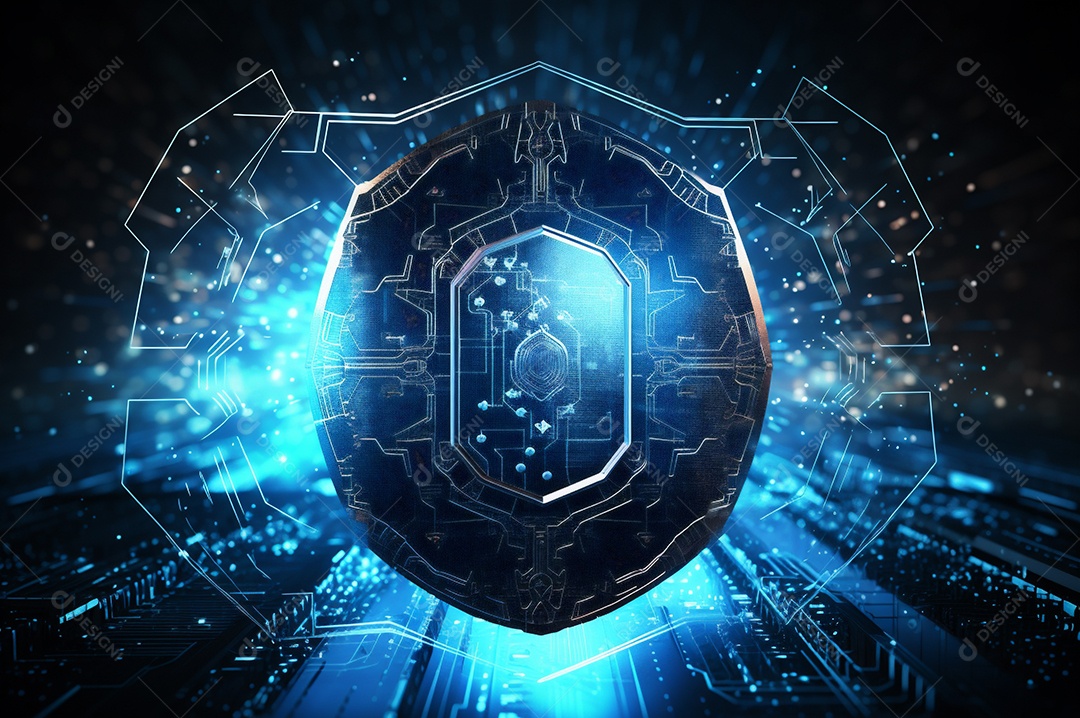 Conceito de segurança cibernética digital, escudo no fundo da placa de circuito com luzes azuis.