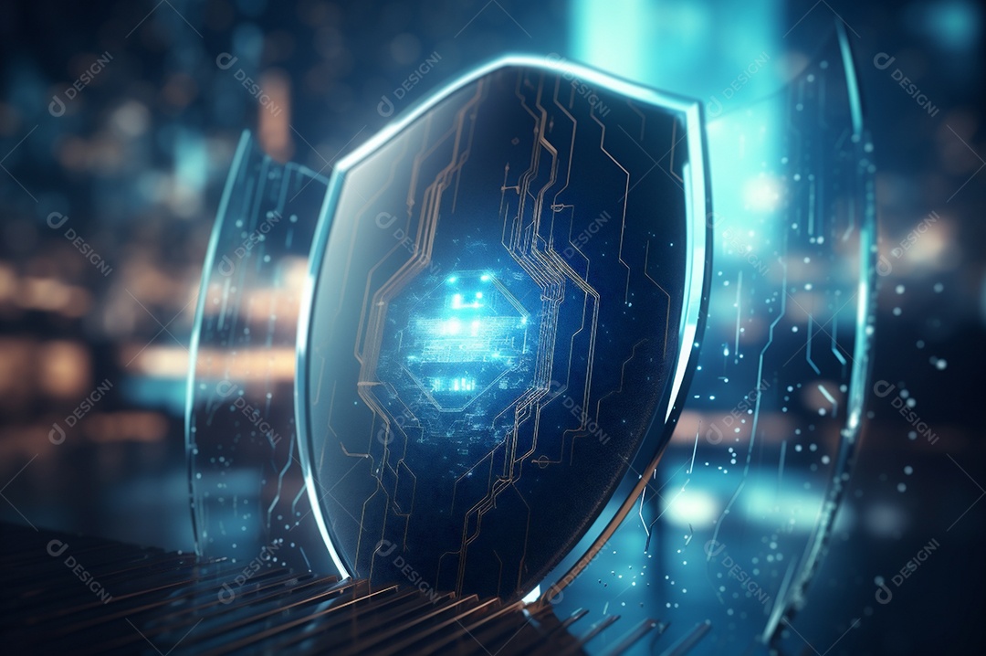 Conceito de segurança cibernética digital, escudo no fundo da placa de circuito com luzes azuis.