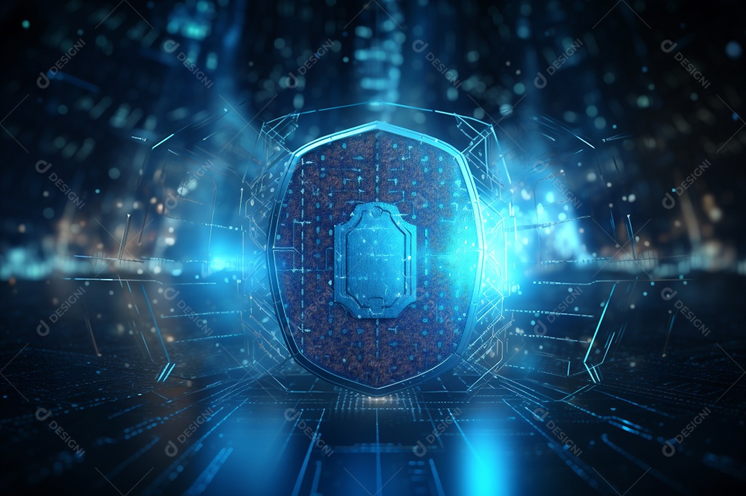 Conceito de segurança cibernética digital, escudo no fundo da placa de circuito com luzes azuis.
