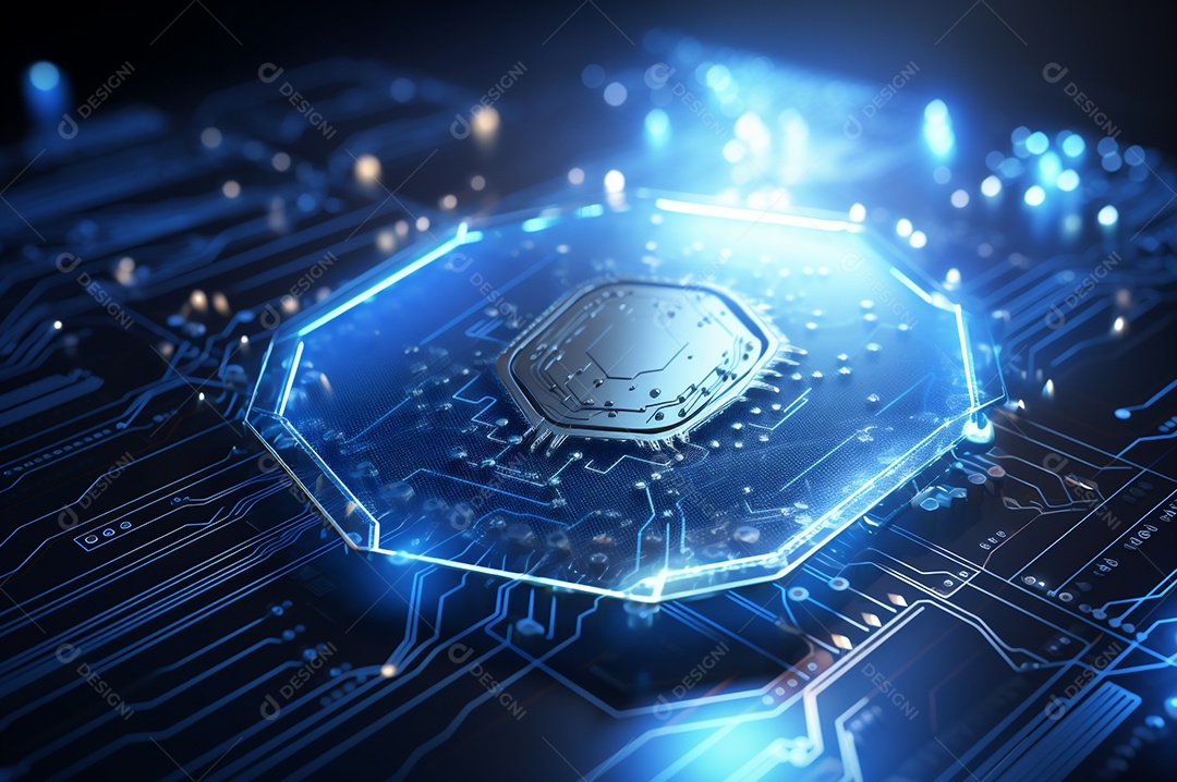 Conceito de segurança cibernética digital, escudo no fundo da placa de circuito com luzes azuis.