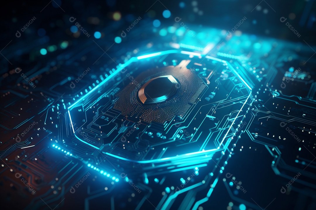 Conceito de segurança cibernética digital, escudo no fundo da placa de circuito com luzes azuis.
