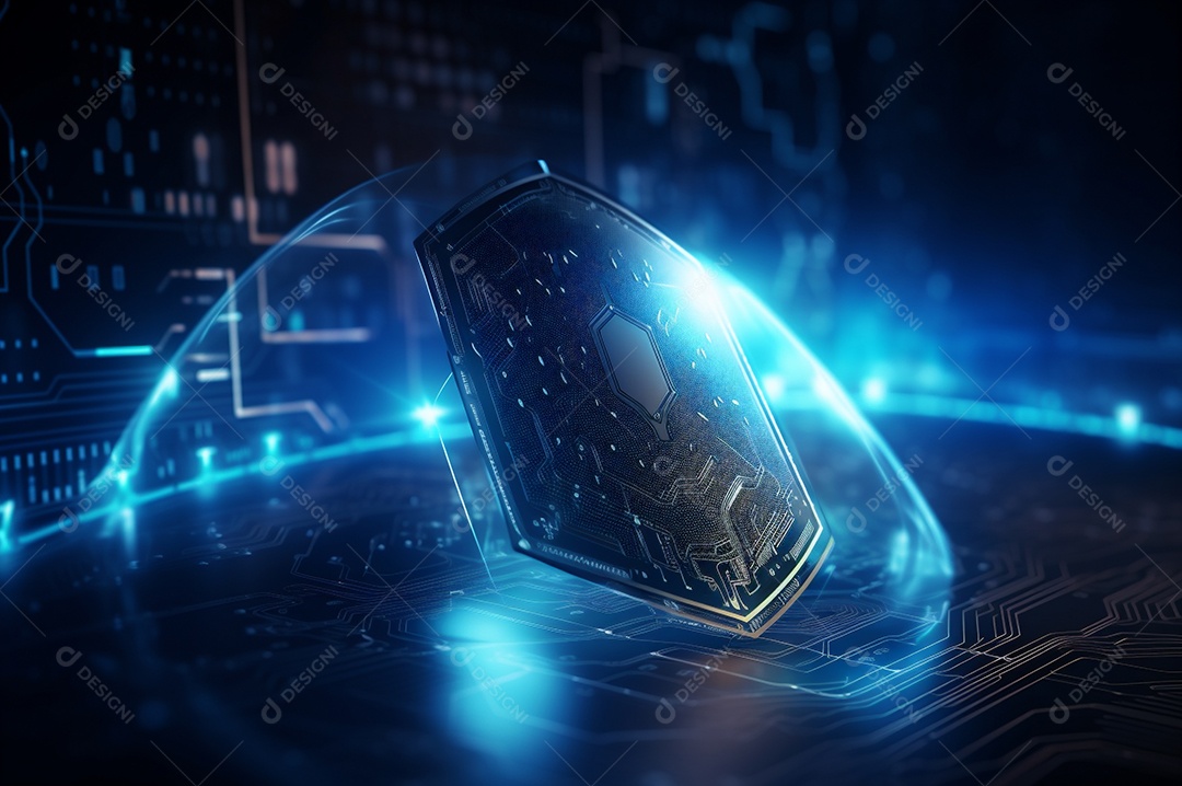 Conceito de segurança cibernética digital, escudo no fundo da placa de circuito com luzes azuis.