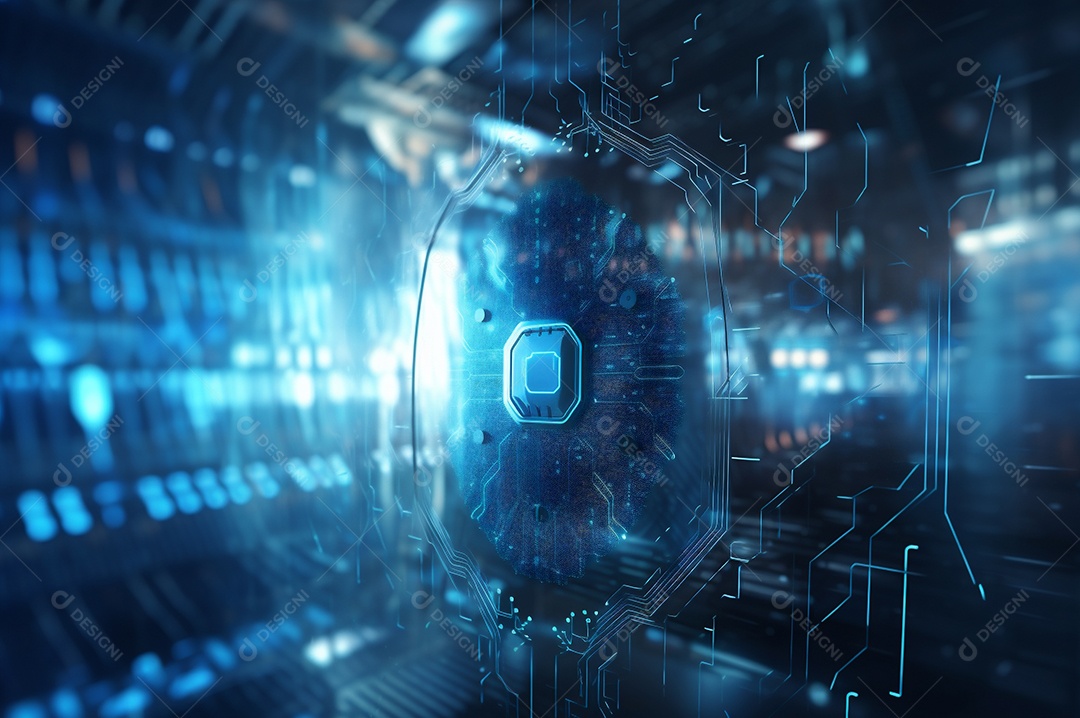 Conceito de segurança cibernética digital, escudo no fundo da placa de circuito com luzes azuis.
