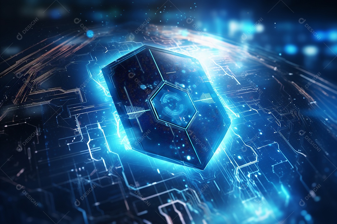 Conceito de segurança cibernética digital, escudo no fundo da placa de circuito com luzes azuis.