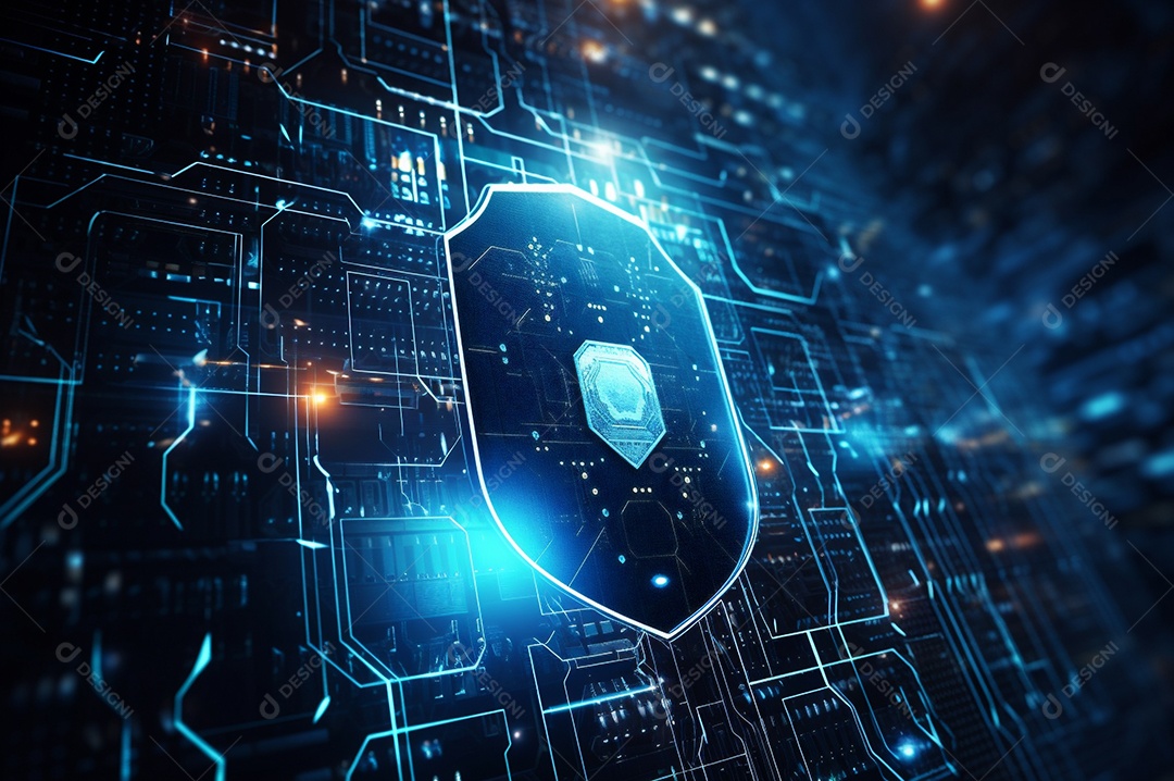Conceito de segurança cibernética digital, escudo no fundo da placa de circuito com luzes azuis.
