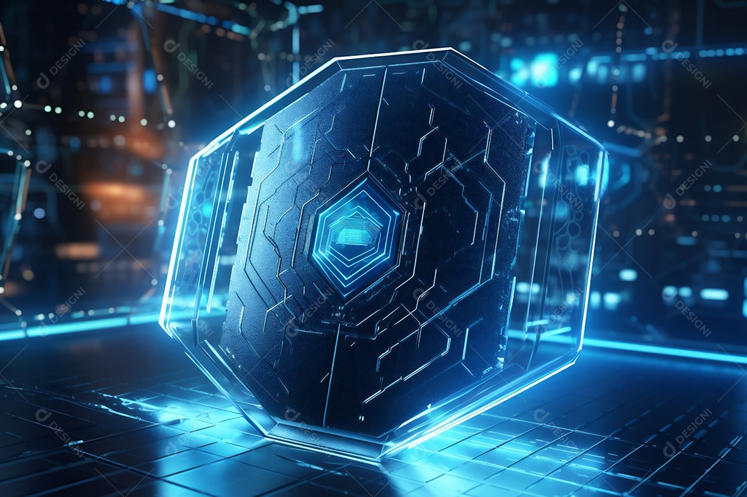 Conceito de segurança cibernética digital, escudo no fundo da placa de circuito com luzes azuis.