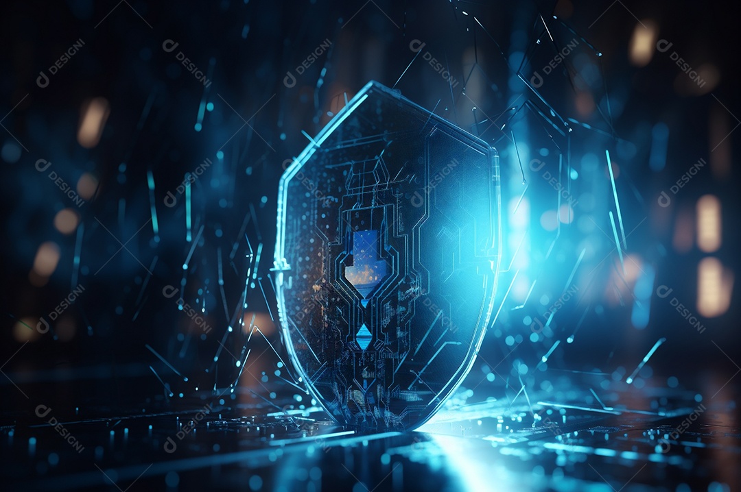 Conceito de segurança cibernética digital, escudo no fundo da placa de circuito com luzes azuis.