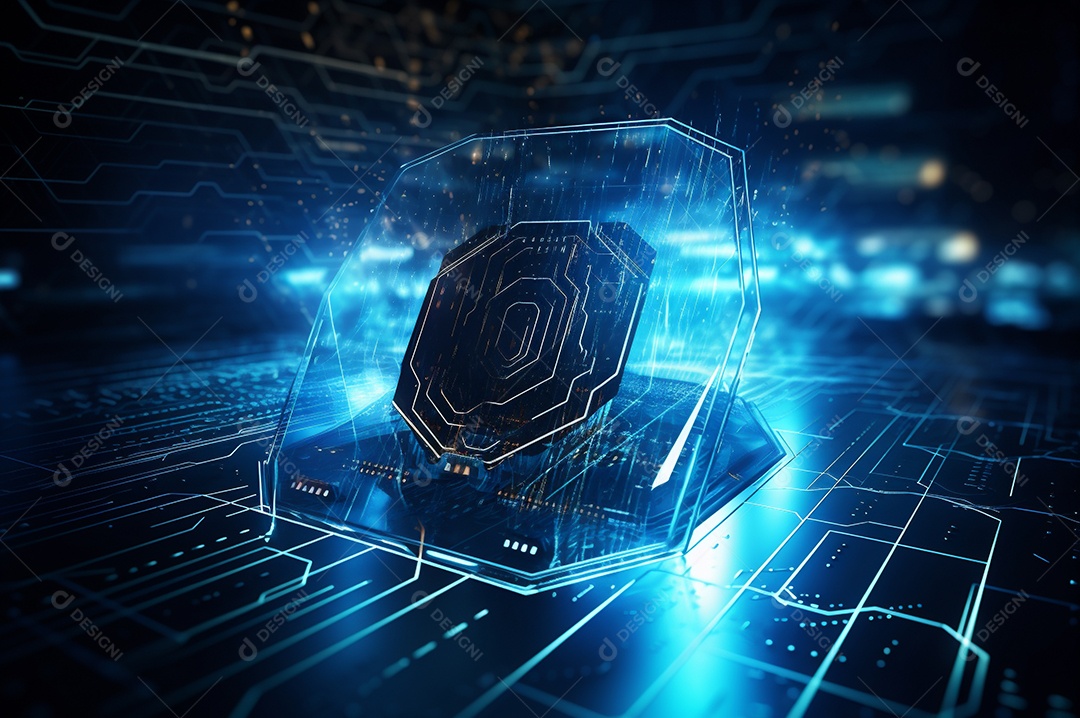 Conceito de segurança cibernética digital, escudo no fundo da placa de circuito com luzes azuis.