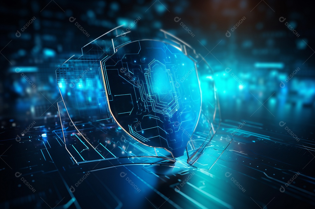 Conceito de segurança cibernética digital, escudo no fundo da placa de circuito com luzes azuis.