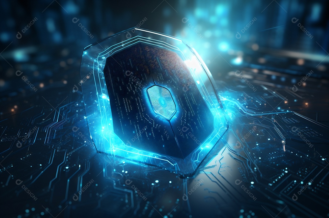 Conceito de segurança cibernética digital, escudo no fundo da placa de circuito com luzes azuis.