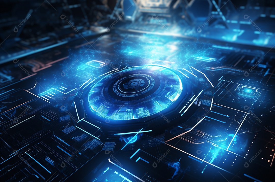 Conceito de segurança cibernética digital, escudo no fundo da placa de circuito com luzes azuis.