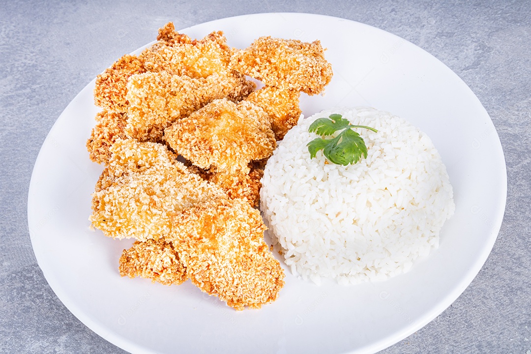 Delicioso Frango Frito em um prato de porcelana branca. Fechar vista.