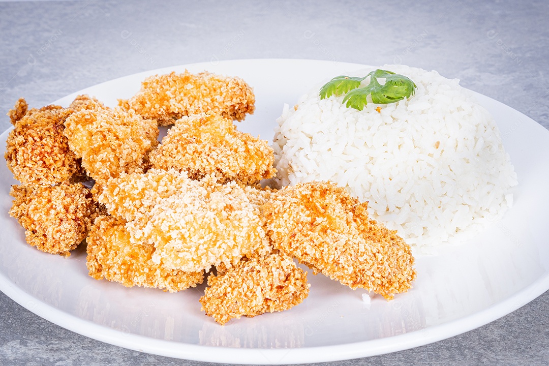 Delicioso Frango Frito em um prato de porcelana branca. Fechar vista.