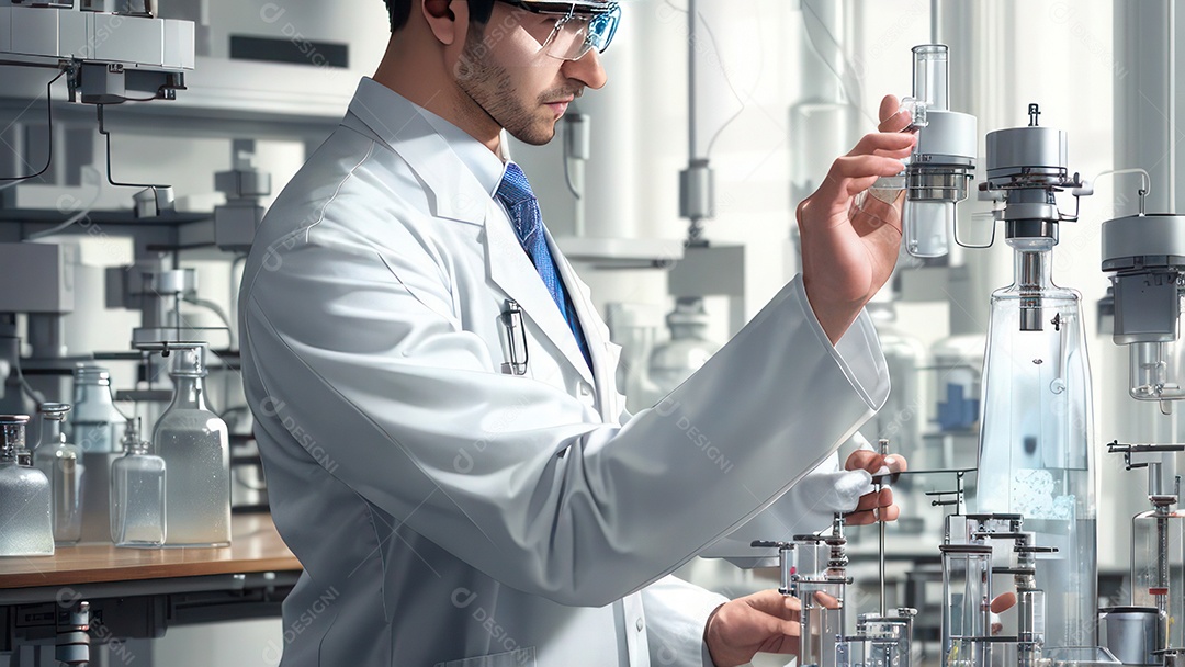 Imagem realista de pessoa jovem biomédico sobre laboratório.