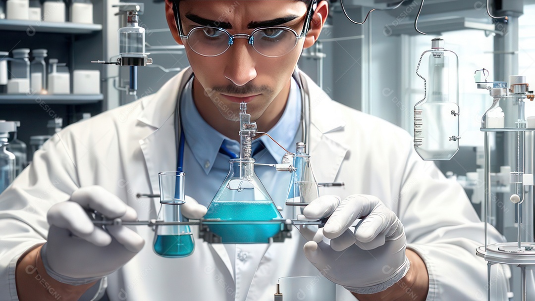 Imagem realista de pessoa jovem biomédico sobre laboratório.
