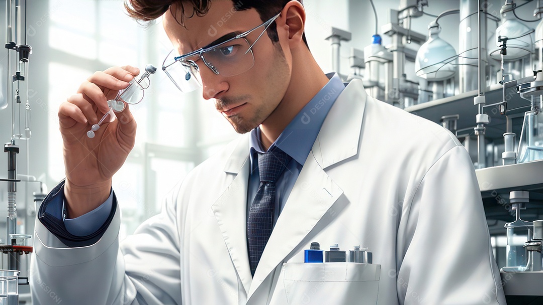 Imagem realista de pessoa jovem biomédico sobre laboratório.