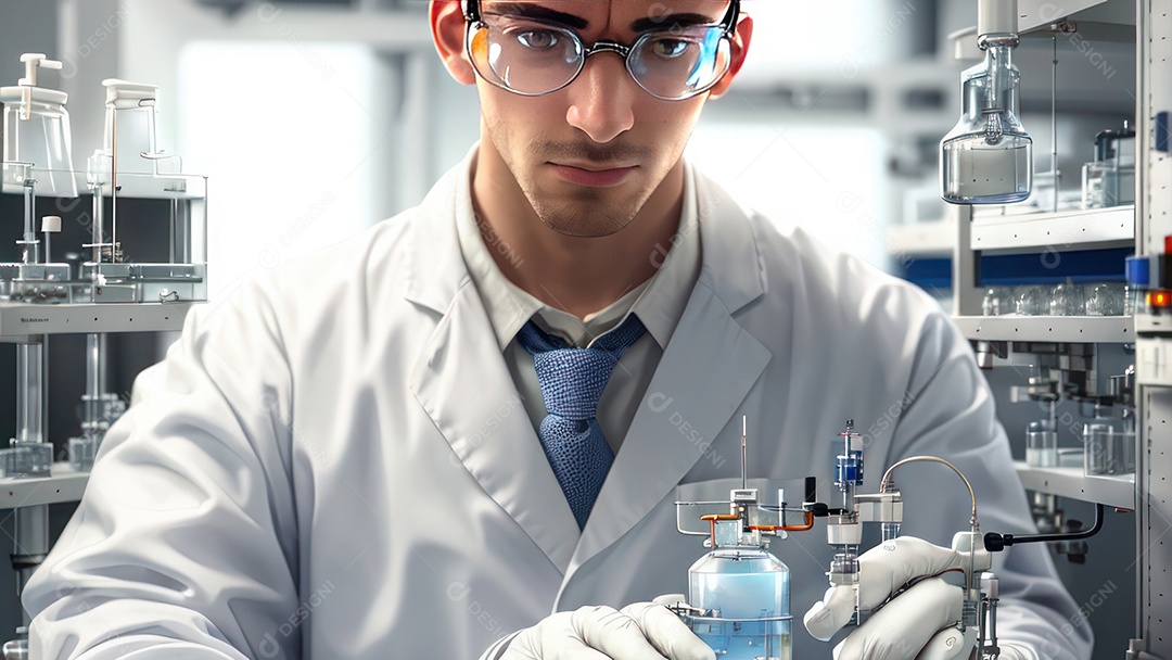 Imagem realista de pessoa jovem biomédico sobre laboratório.