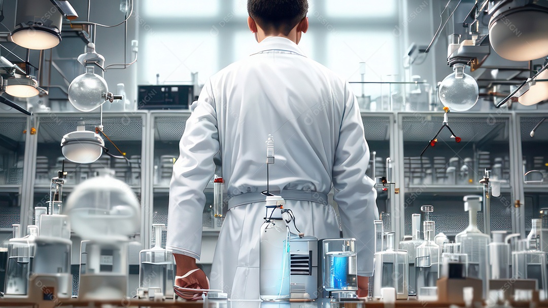 Imagem realista de pessoa jovem biomédico sobre laboratório.
