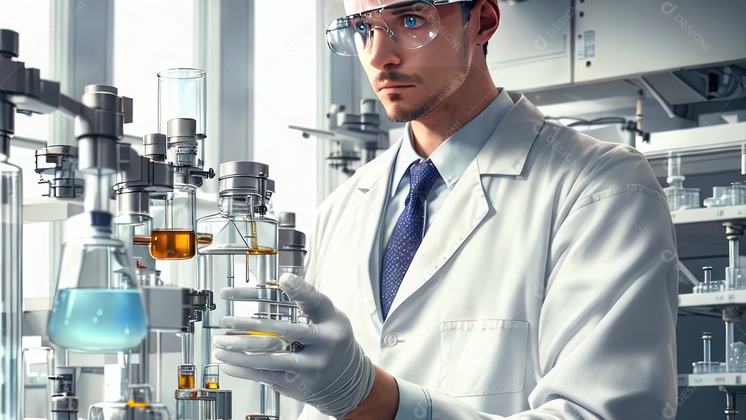 Imagem realista de pessoa jovem biomédico sobre laboratório.