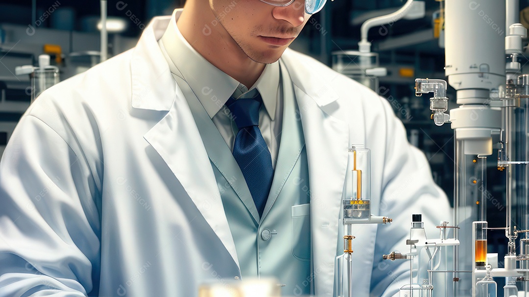 Imagem realista de pessoa jovem biomédico sobre laboratório.