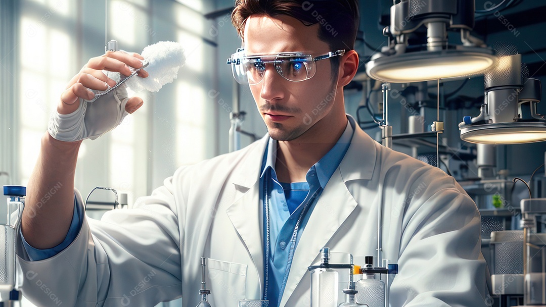 Imagem realista de pessoa jovem biomédico sobre laboratório.