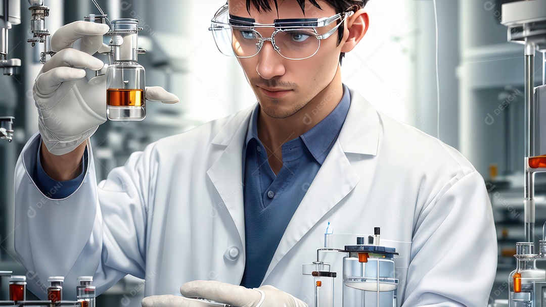 Imagem realista de pessoa jovem biomédico sobre laboratório.