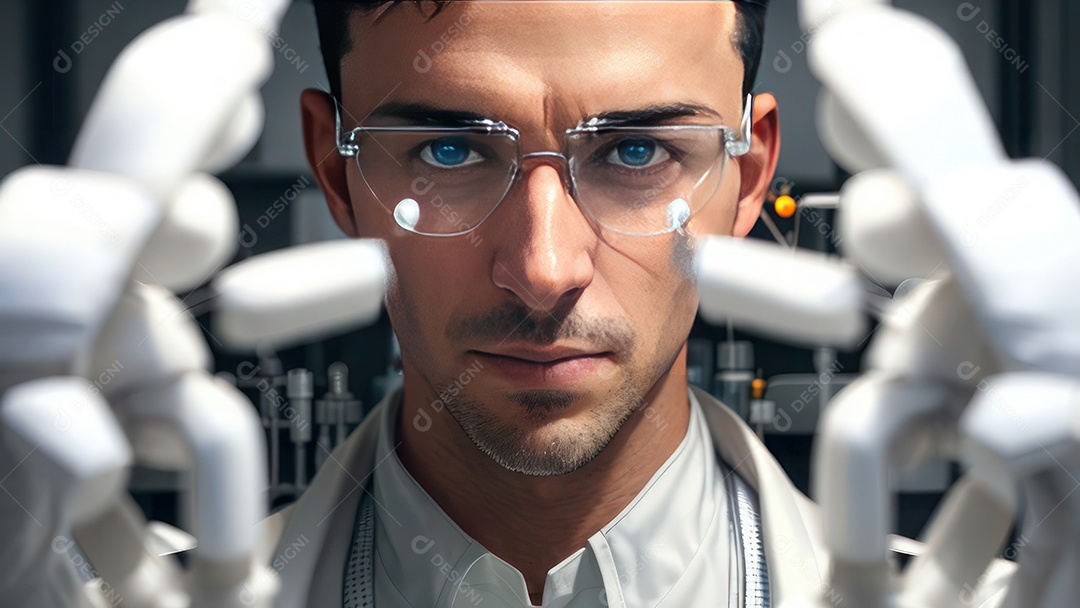 Imagem realista de pessoa jovem biomédico sobre laboratório.