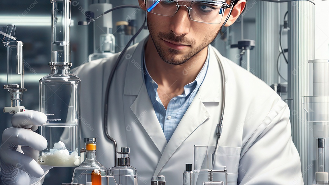 Imagem realista de pessoa jovem biomédico sobre laboratório.