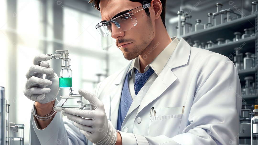 Imagem realista de pessoa jovem biomédico sobre laboratório.