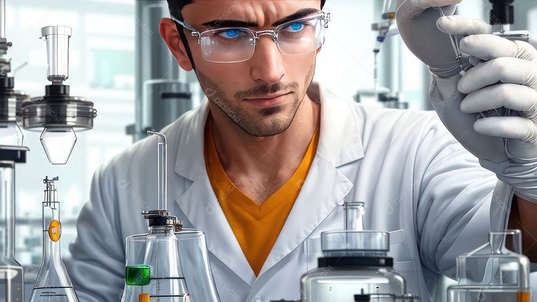 Imagem realista de pessoa jovem biomédico sobre laboratório.