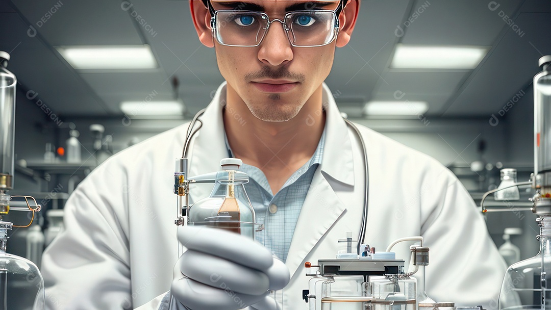 Imagem realista de pessoa jovem biomédico sobre laboratório.