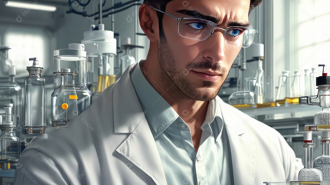 Imagem realista de pessoa jovem biomédico sobre laboratório.