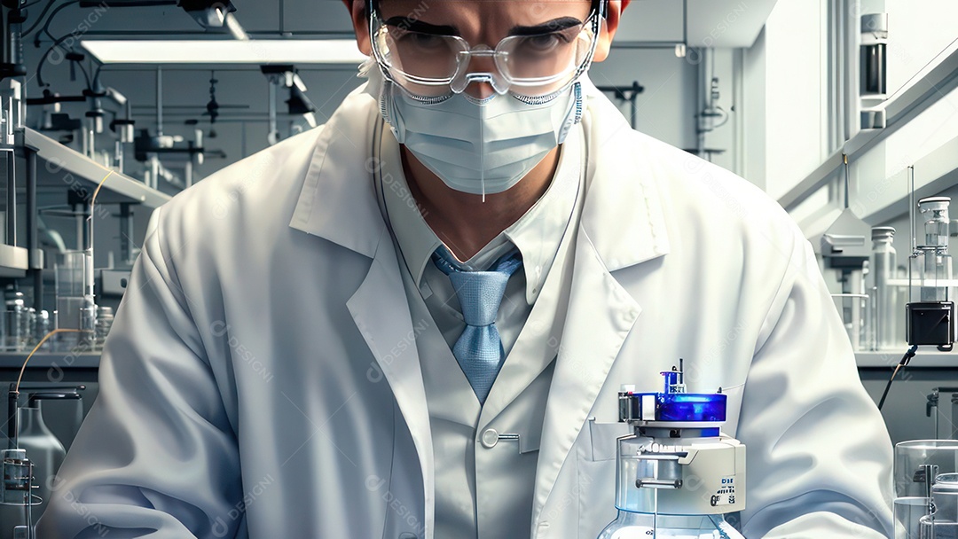 Imagem realista de pessoa jovem biomédico sobre laboratório.