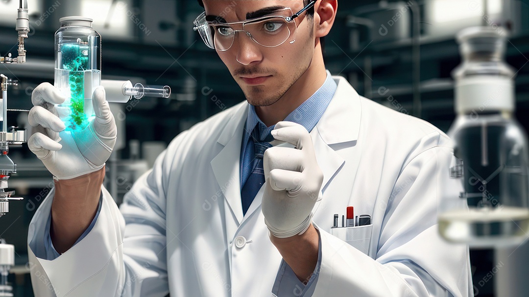 Imagem realista de pessoa jovem biomédico sobre laboratório.