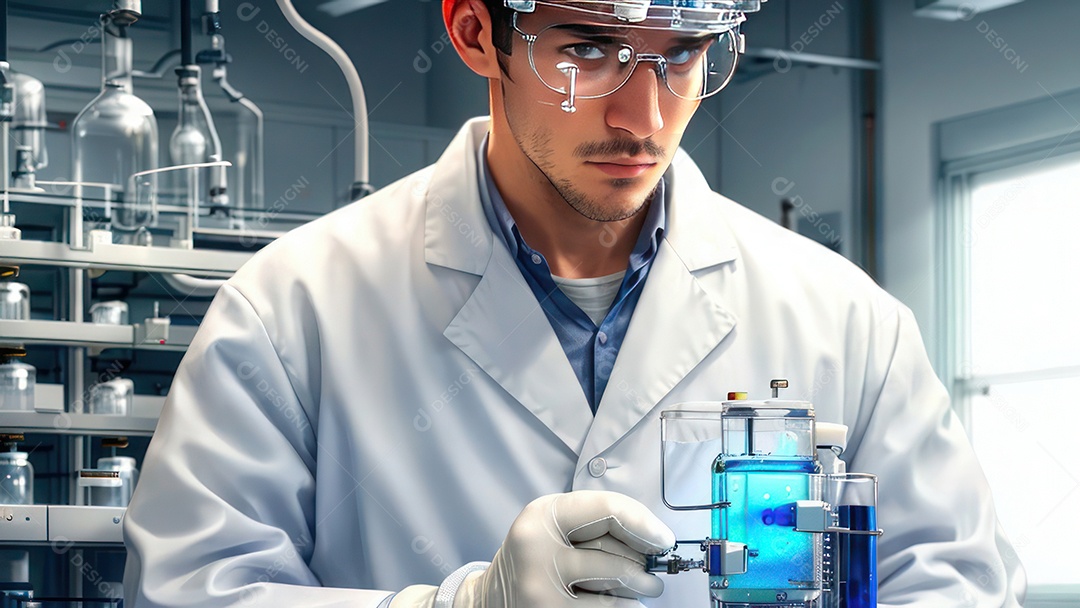 Imagem realista de pessoa jovem biomédico sobre laboratório.
