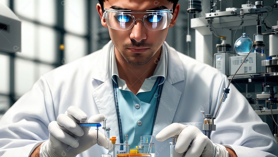 Imagem realista de pessoa jovem biomédico sobre laboratório.
